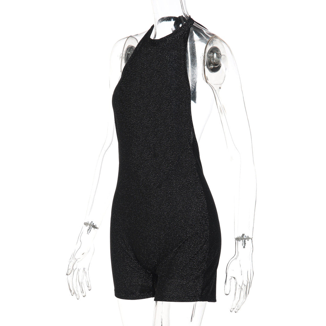 Halter self tie backless crewneck solid romper