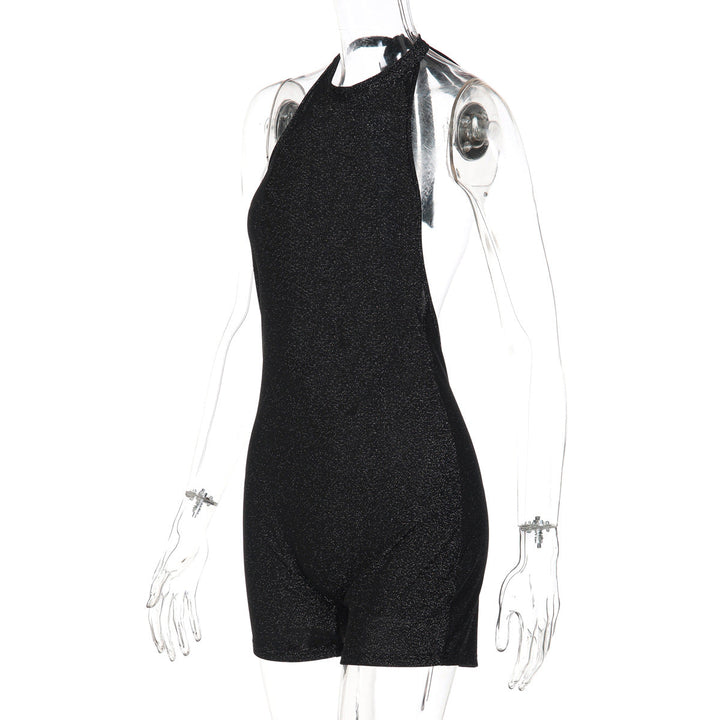 Halter self tie backless crewneck solid romper