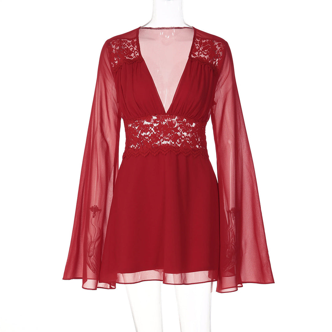 Long flared sleeve v neck chiffon zip-up mini dress