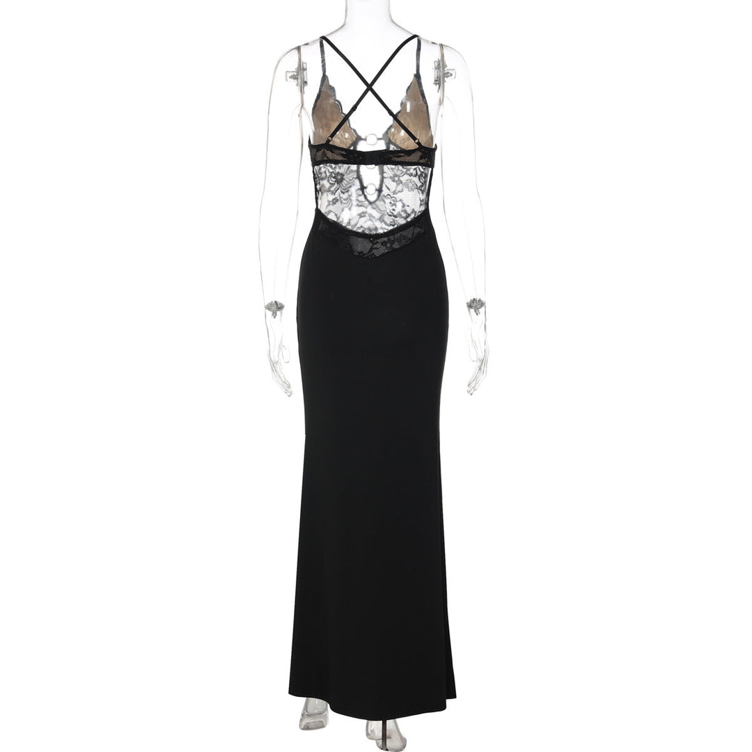 Cross back lace o ring hollow out maxi dress