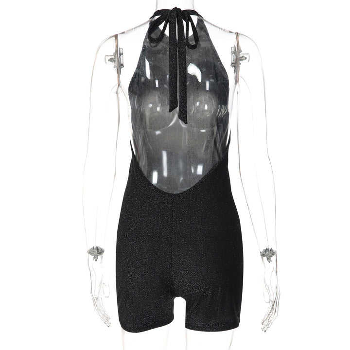 Halter self tie backless crewneck solid romper