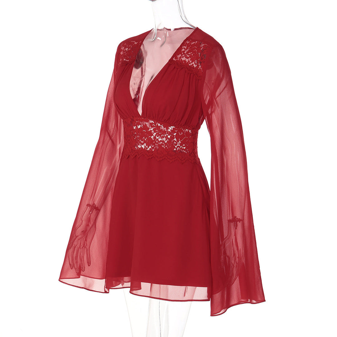 Long flared sleeve v neck chiffon zip-up mini dress