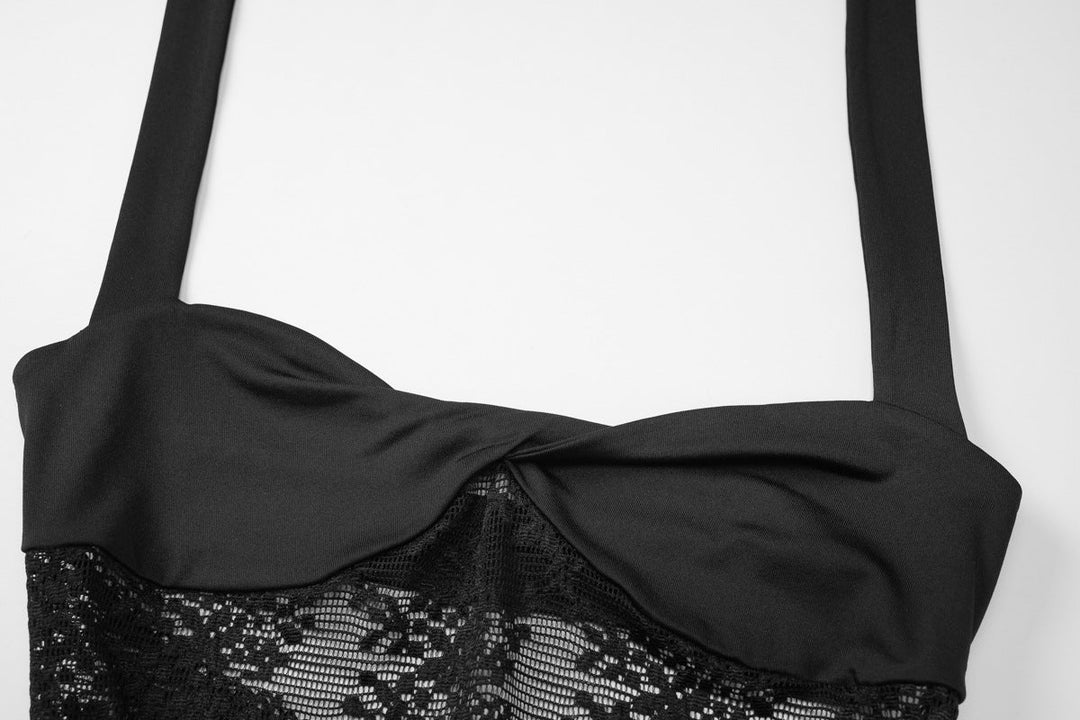 Lace patchwork halter self tie solid maxi dress  | Festival Outfits Women