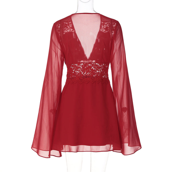 Long flared sleeve v neck chiffon zip-up mini dress