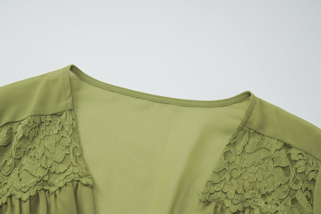 Short sleeve v neck ruched lace chiffon maxi skirt set  | Festival Outfits Women