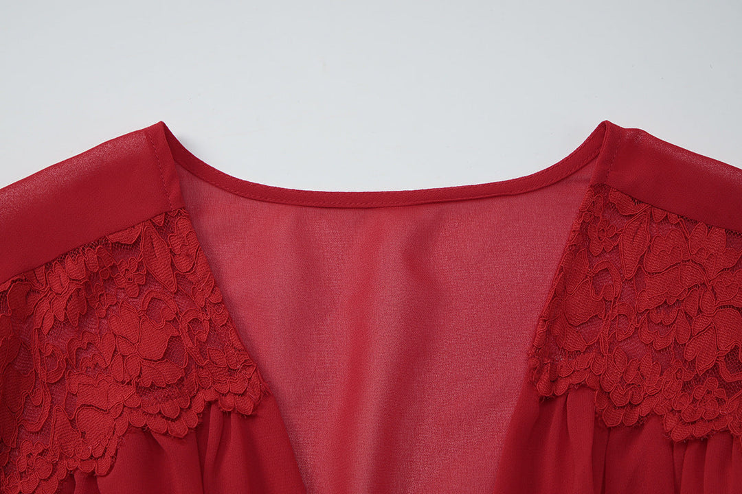 Long flared sleeve v neck chiffon zip-up mini dress