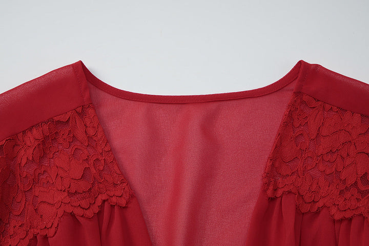 Long flared sleeve v neck chiffon zip-up mini dress