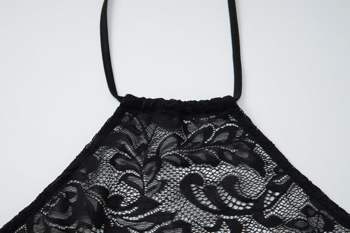 Lace see through self tie halter irregular midi skirt set