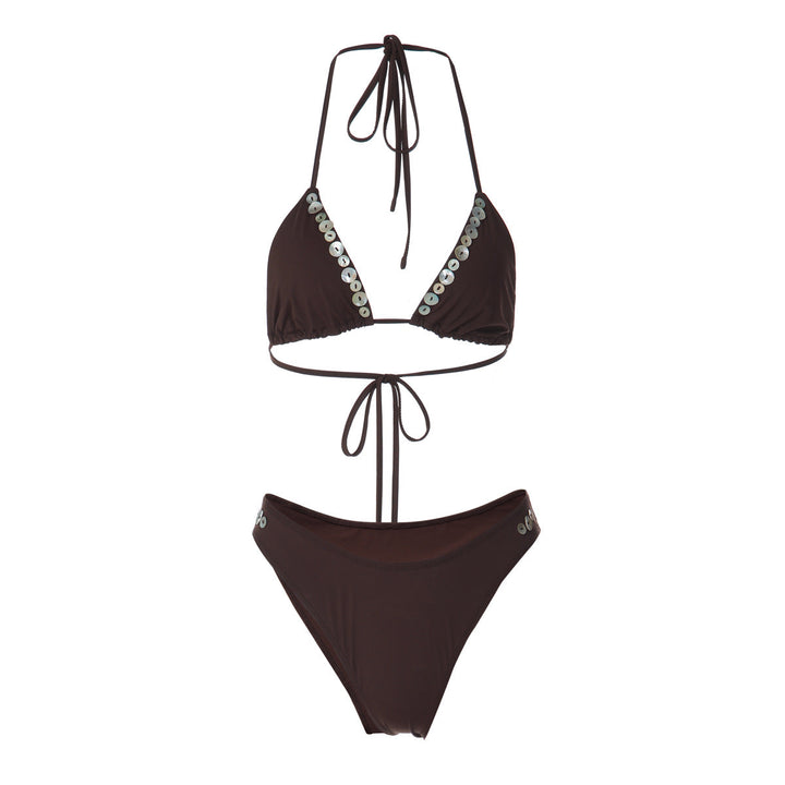 V neck halter self tie button applique bikini swimwear