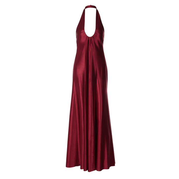 U neck satin halter zip-up backless maxi dress