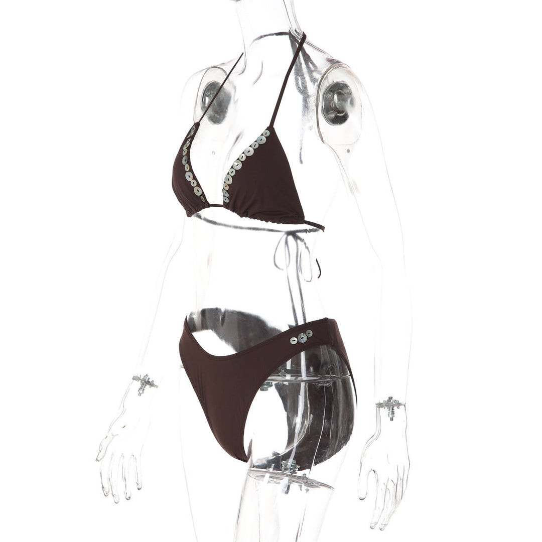 V neck halter self tie button applique bikini swimwear