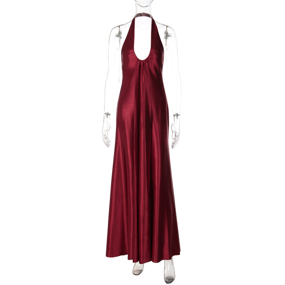 U neck satin halter zip-up backless maxi dress