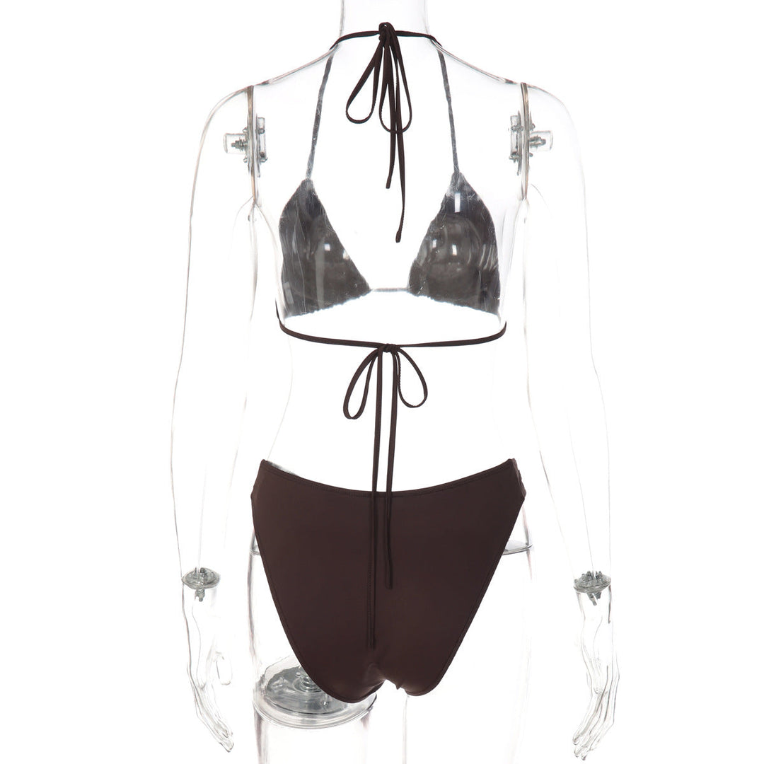 V neck halter self tie button applique bikini swimwear