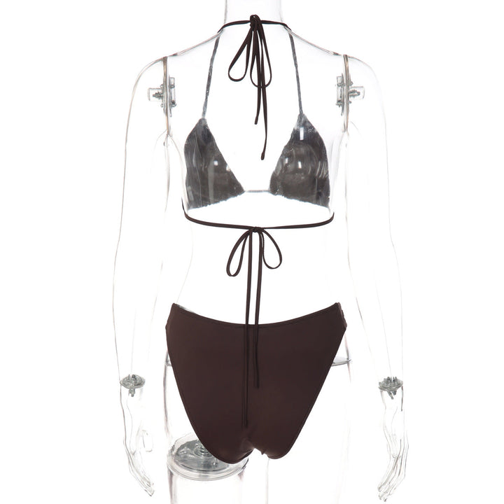 V neck halter self tie button applique bikini swimwear