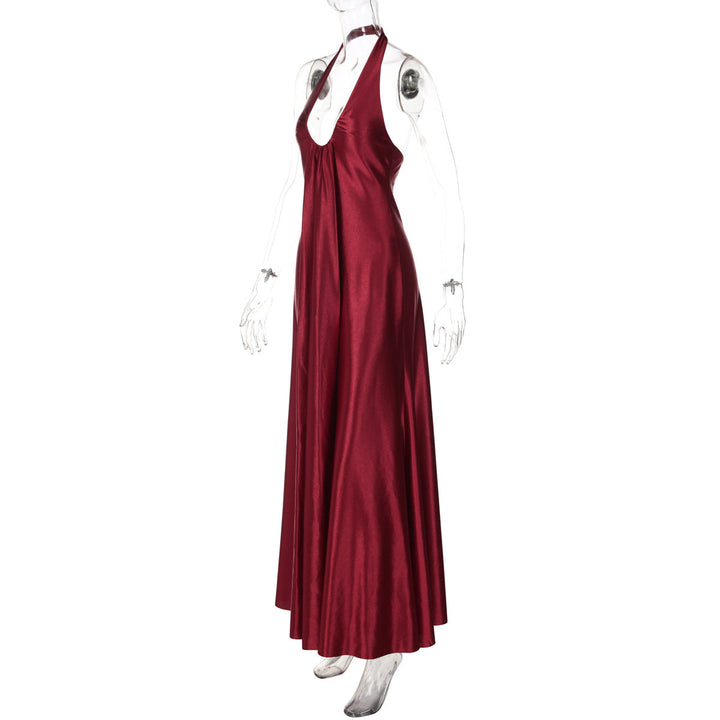 U neck satin halter zip-up backless maxi dress