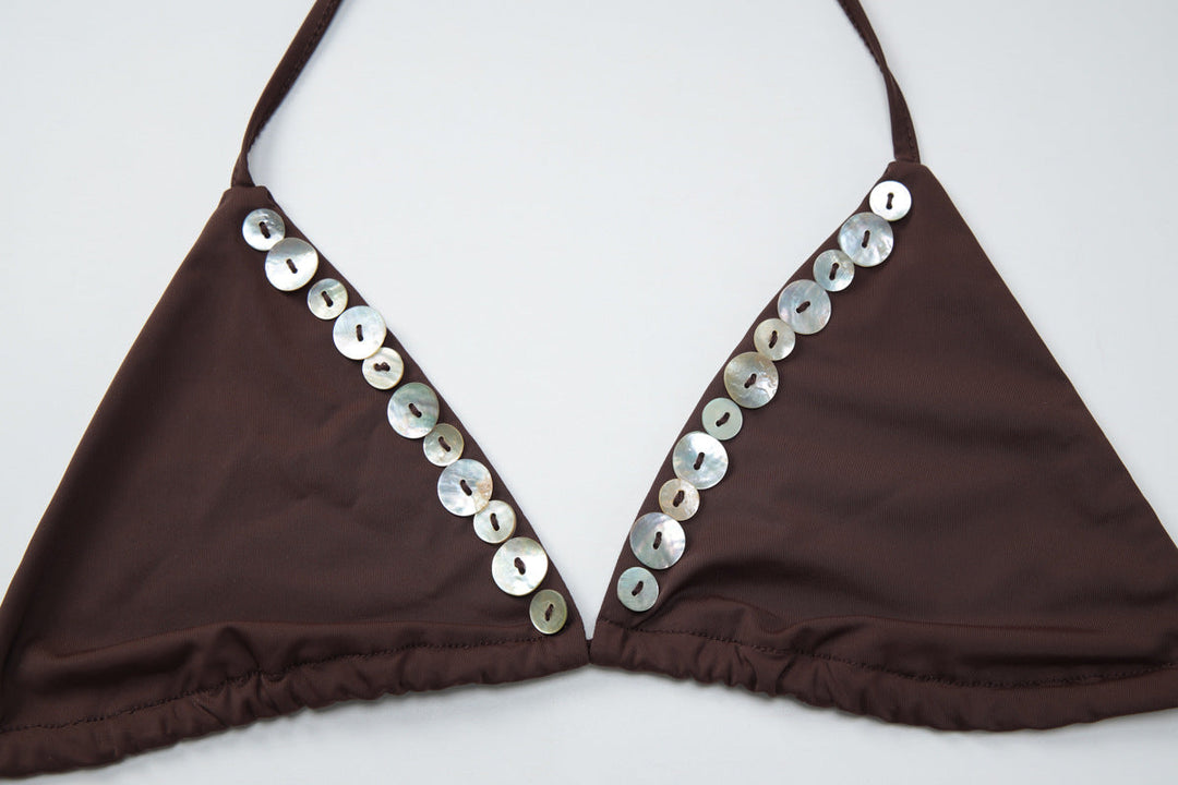 V neck halter self tie button applique bikini swimwear