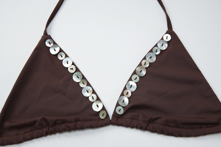 V neck halter self tie button applique bikini swimwear