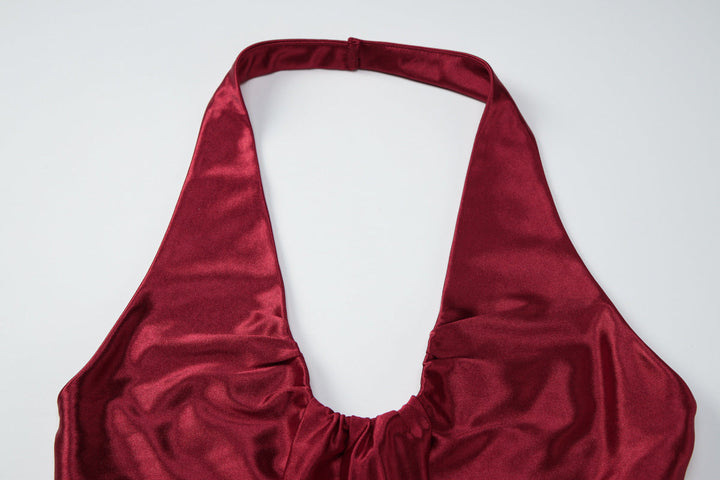 U neck satin halter zip-up backless maxi dress