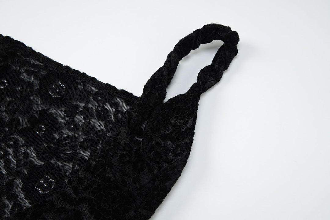 Lace u neck see through backless mini dress