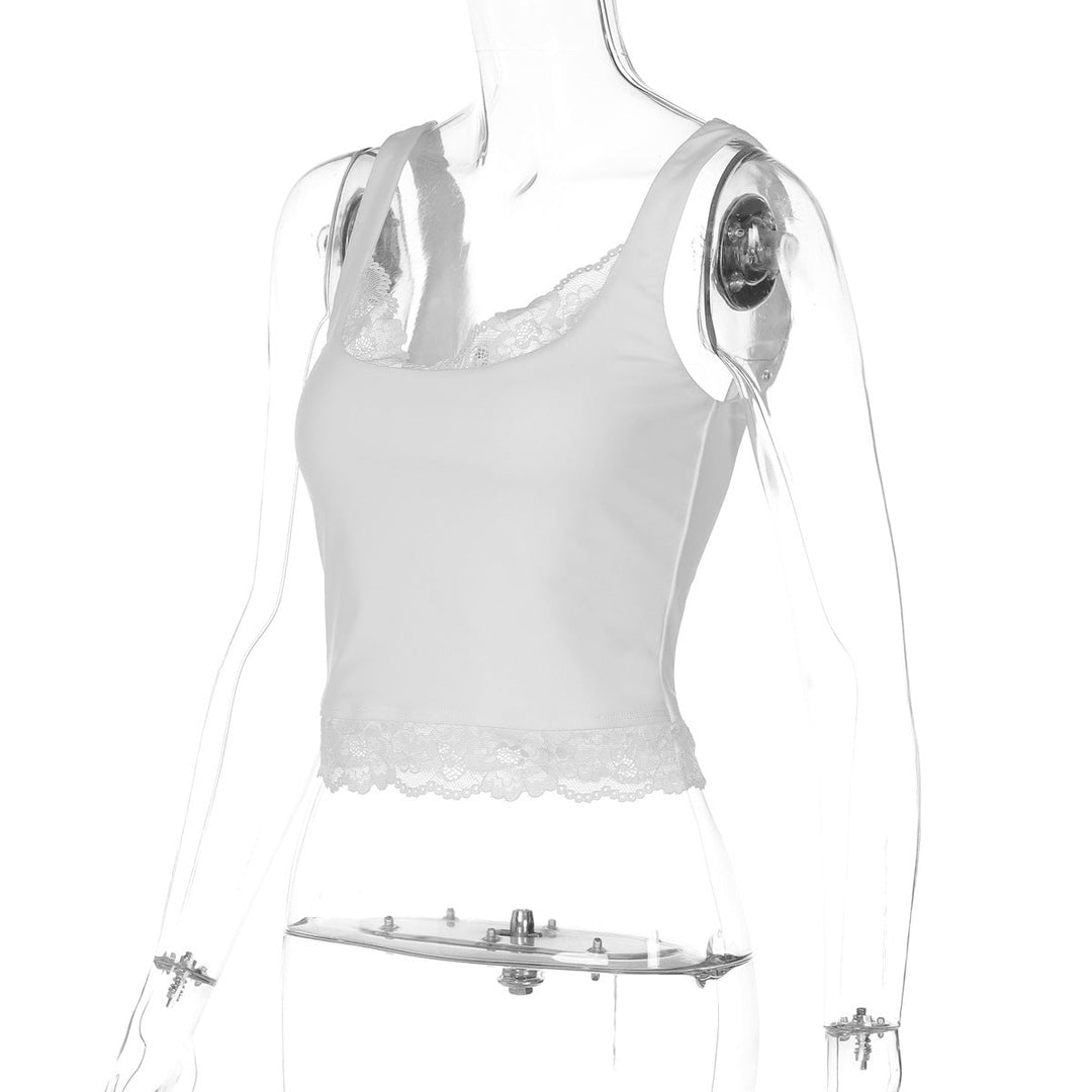 Lace hem v neck backless solid tank top