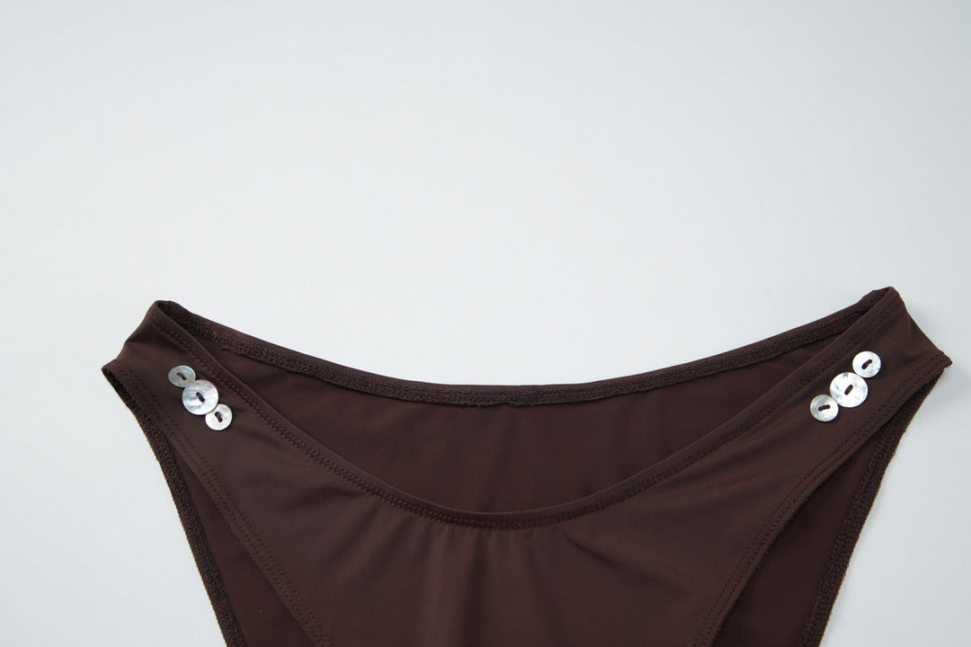 V neck halter self tie button applique bikini swimwear