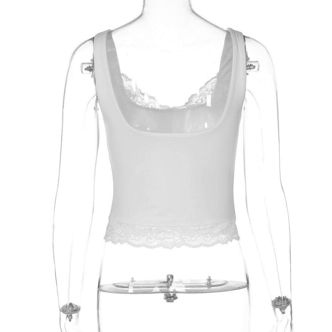 Lace hem v neck backless solid tank top