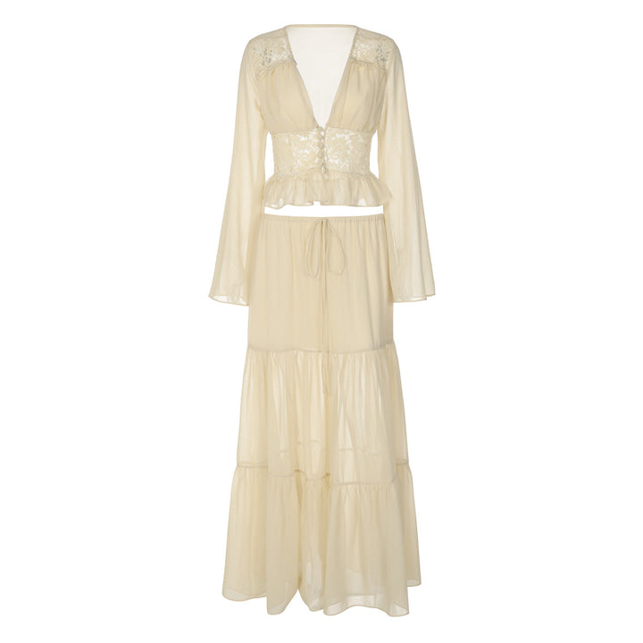 Long sleeve v neck button chiffon lace maxi skirt set