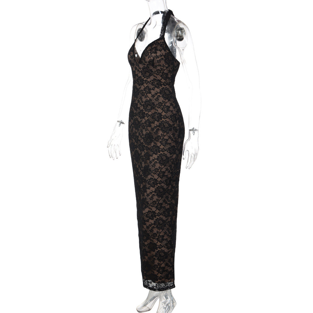 V neck self tie halter lace slit maxi dress