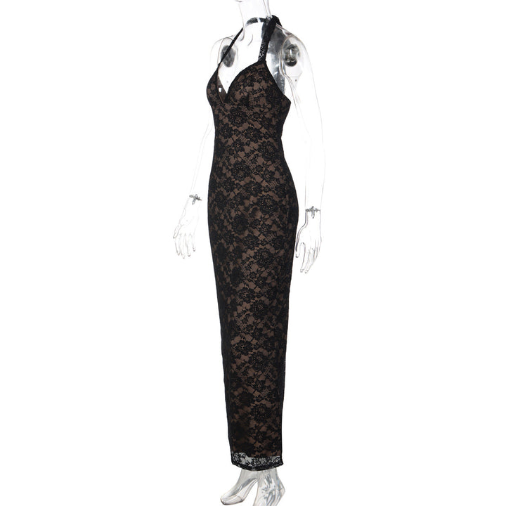 V neck self tie halter lace slit maxi dress