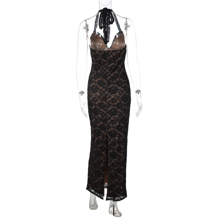 V neck self tie halter lace slit maxi dress