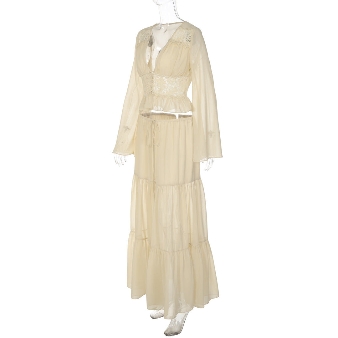 Long sleeve v neck button chiffon lace maxi skirt set
