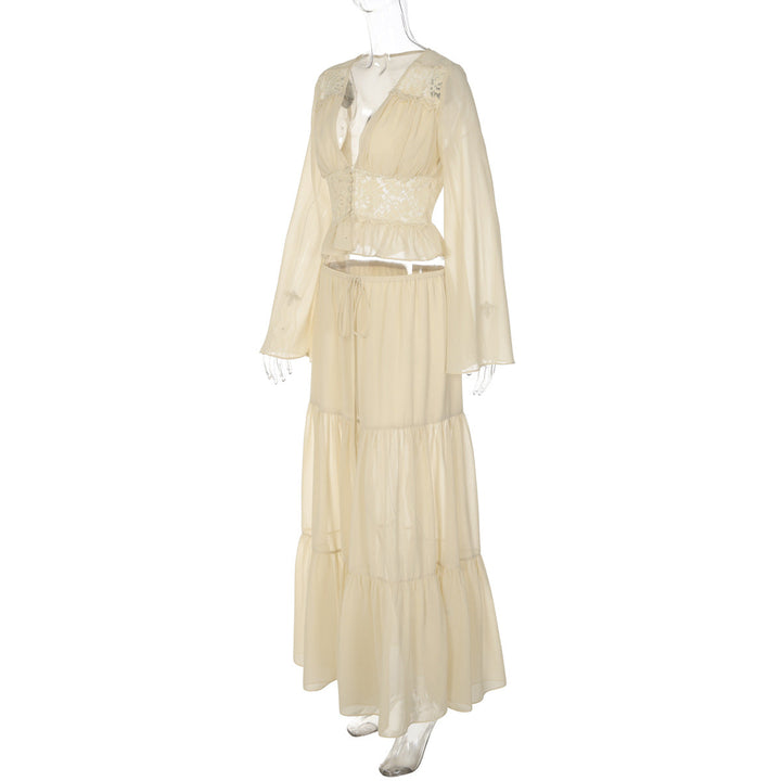 Long sleeve v neck button chiffon lace maxi skirt set