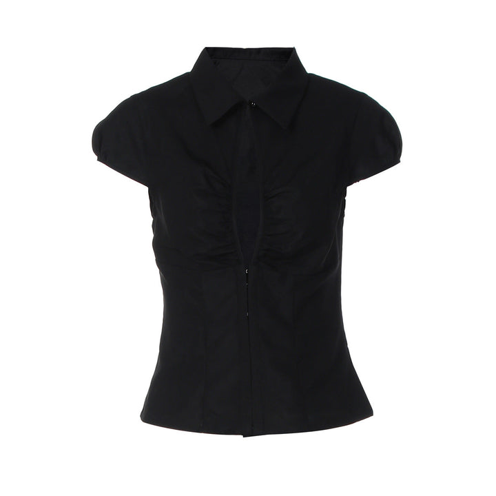 Turnover collar short sleeve button ruched top