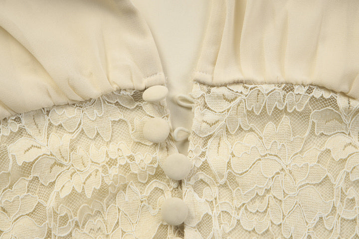 Long sleeve v neck button chiffon lace maxi skirt set