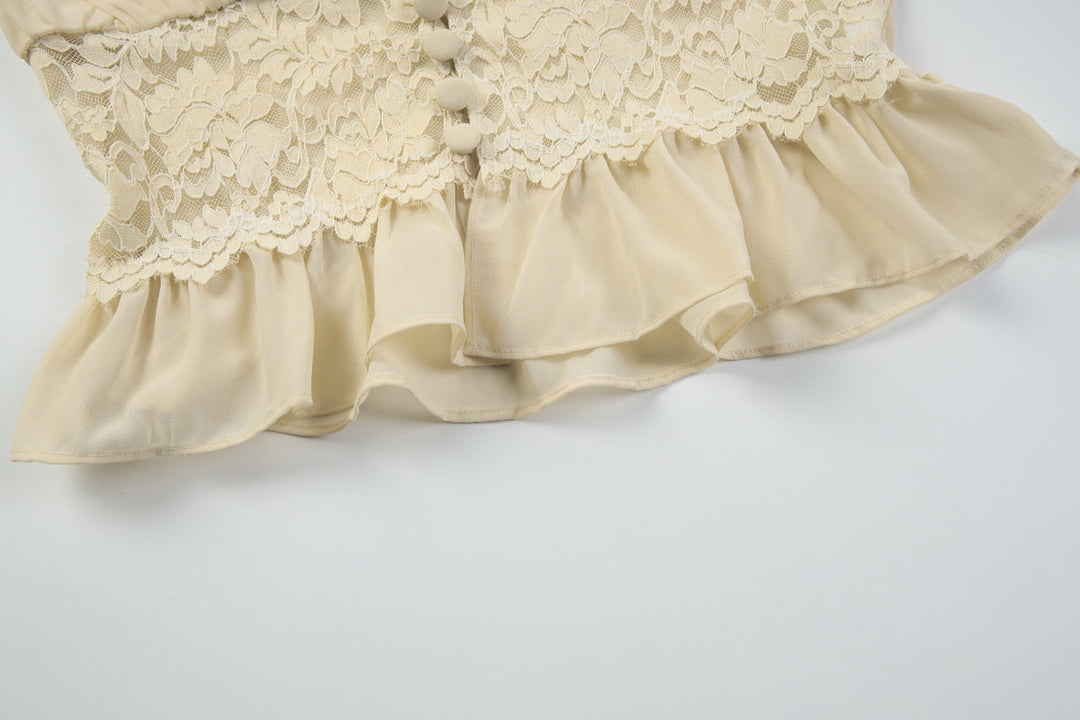 Long sleeve v neck button chiffon lace maxi skirt set