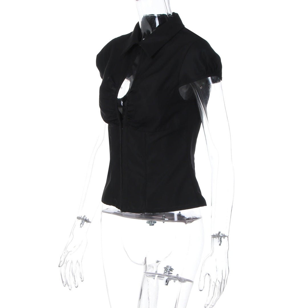 Turnover collar short sleeve button ruched top