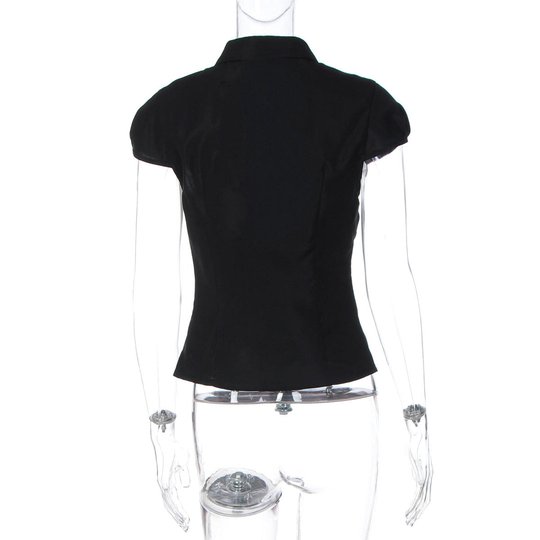 Turnover collar short sleeve button ruched top