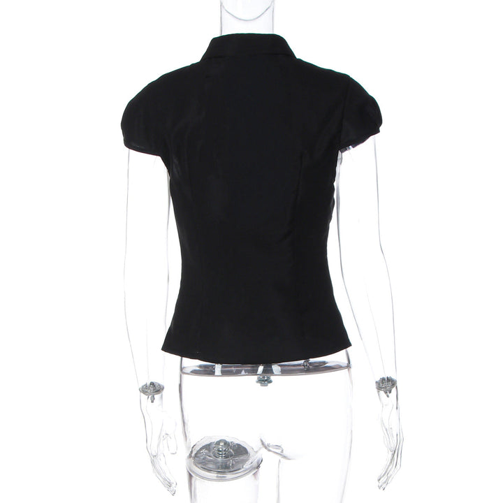 Turnover collar short sleeve button ruched top