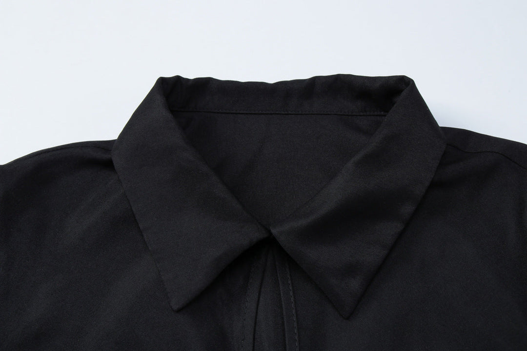 Turnover collar short sleeve button ruched top