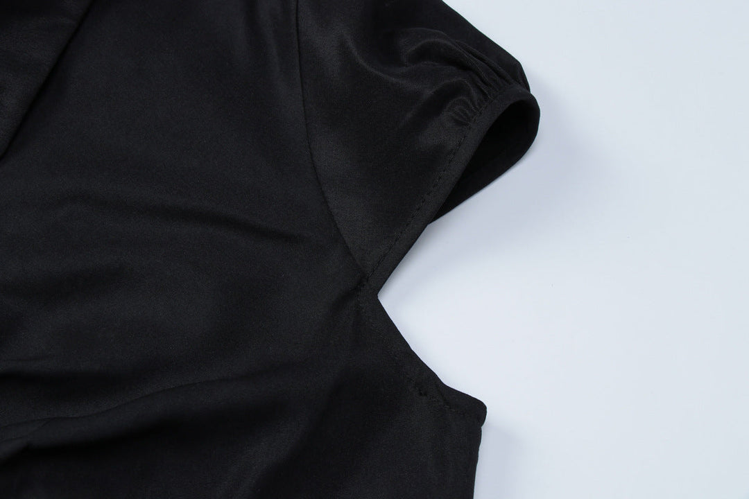 Turnover collar short sleeve button ruched top