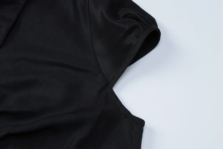 Turnover collar short sleeve button ruched top