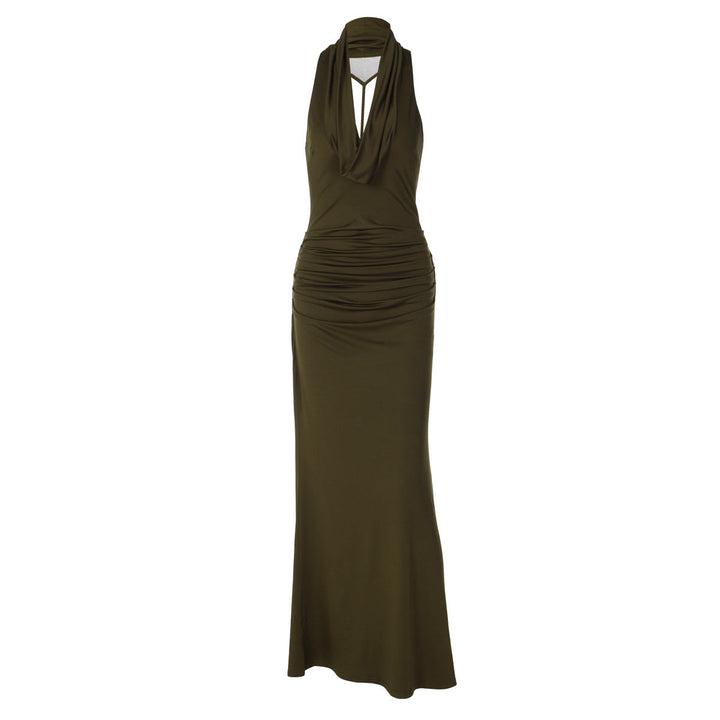 Ruched cowl neck backless solid maxi dress