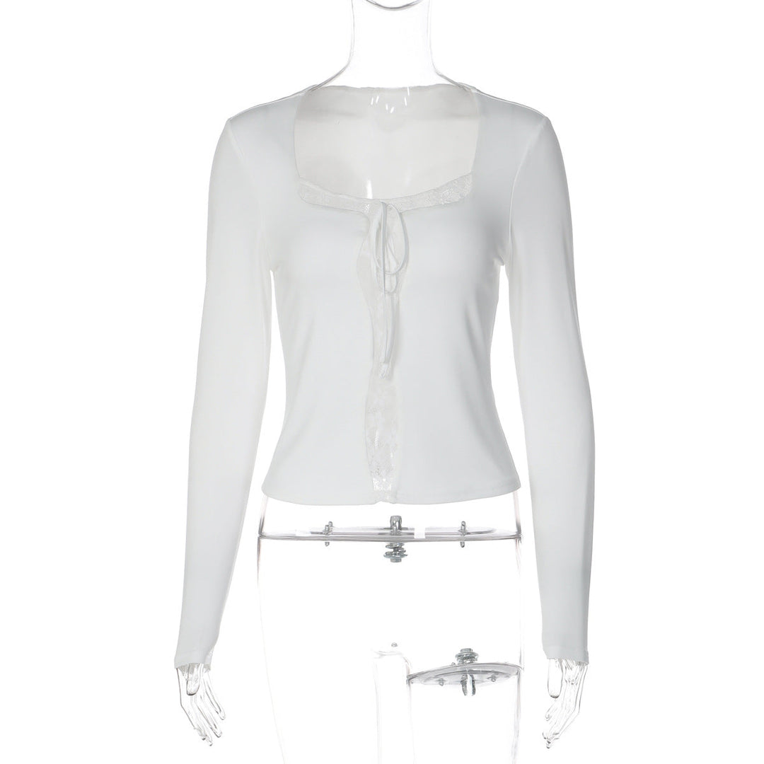 Long sleeve lace hem solid self tie top