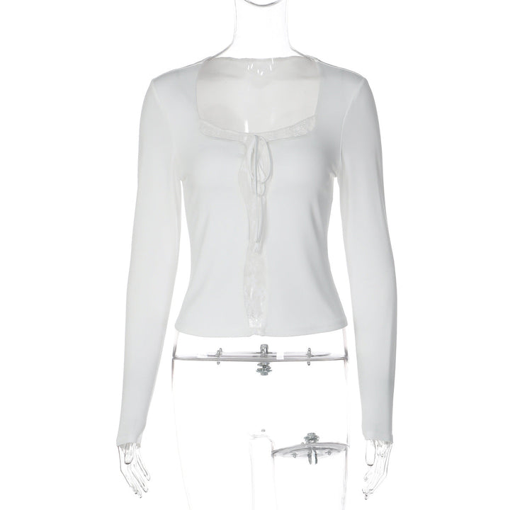 Long sleeve lace hem solid self tie top