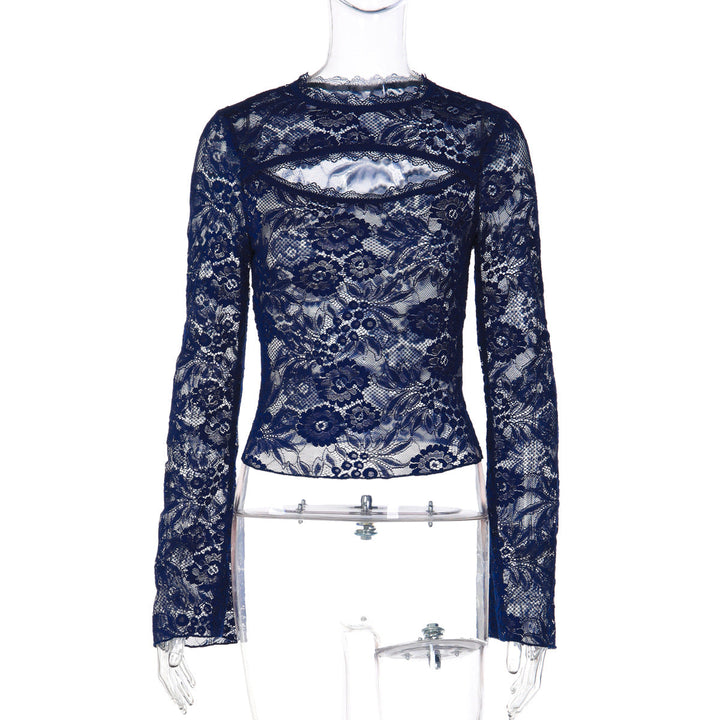 Lace hollow out long sleeve see through top