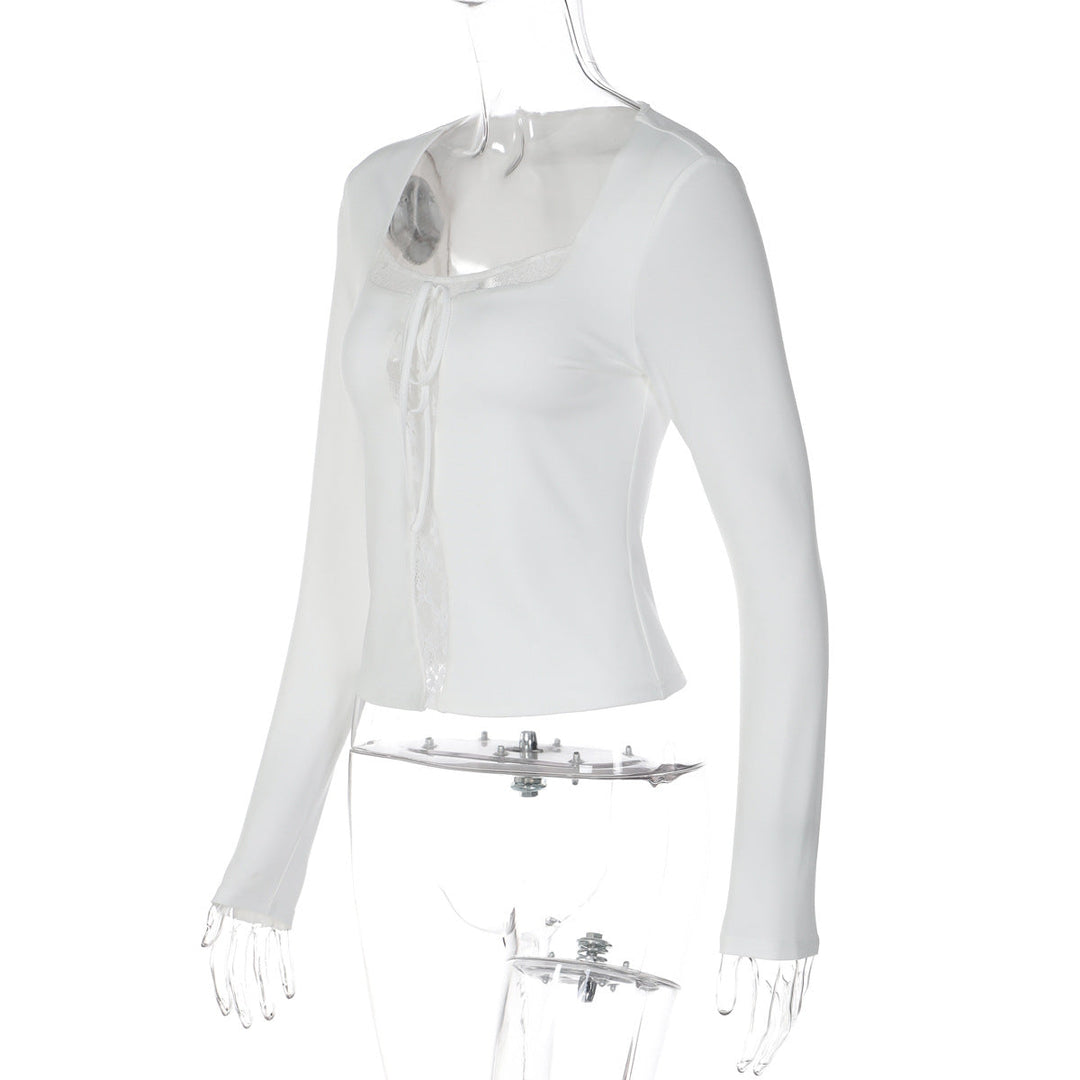 Long sleeve lace hem solid self tie top