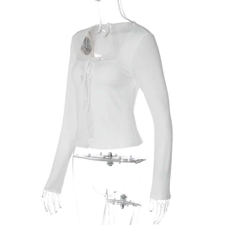 Long sleeve lace hem solid self tie top