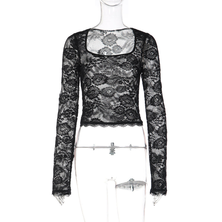 Long sleeve lace square neck see through top