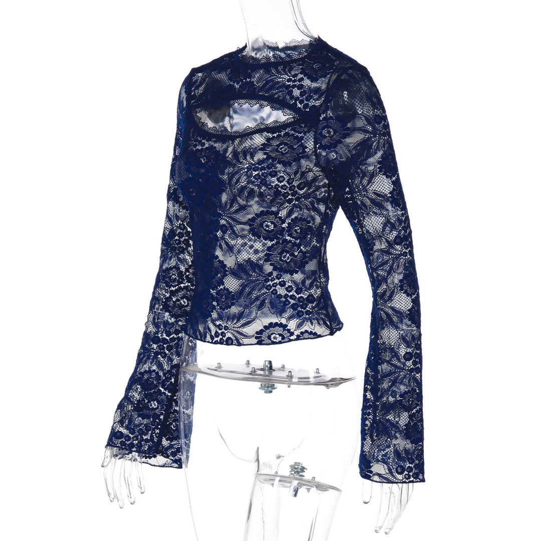 Lace hollow out long sleeve see through top