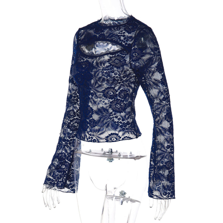 Lace hollow out long sleeve see through top